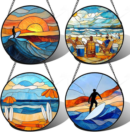 AMDERVEN Stained Glass Window Hanging 4 Pcs Set Blue Ocean Surfing Beach 6.3" by amderven
