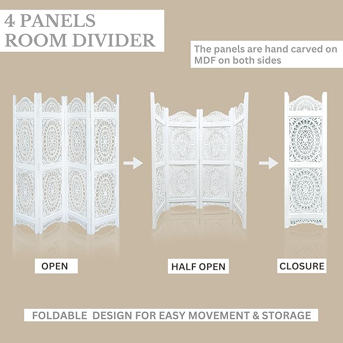 Lightnpro 4-Panel Wooden Room Divider 48 × 64 Inch Antique White Finish - Image 3