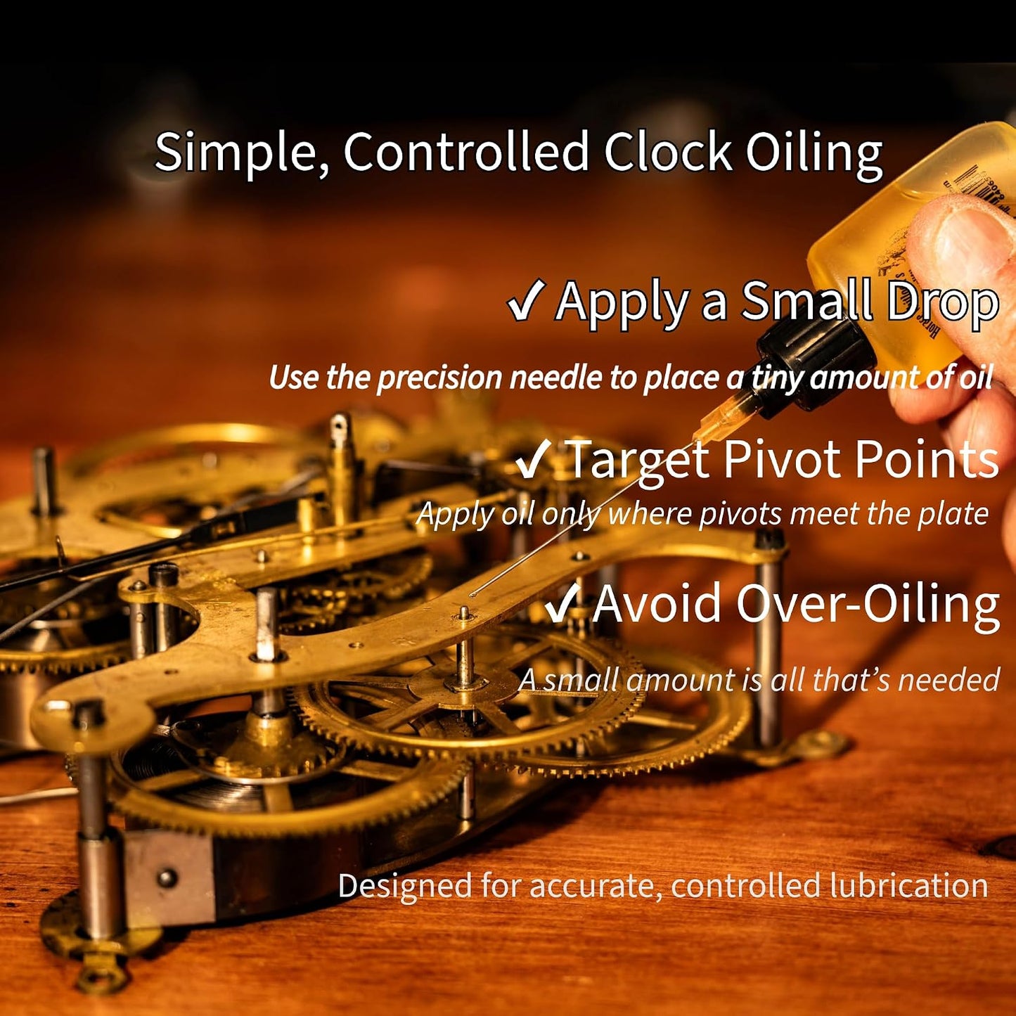 Clock Oil for Mechanical Clocks – Premium Synthetic Formula with Dual Precision Needle Applicator – Horace Whitlock – Won’t Gum or Run – 15ml Bottle