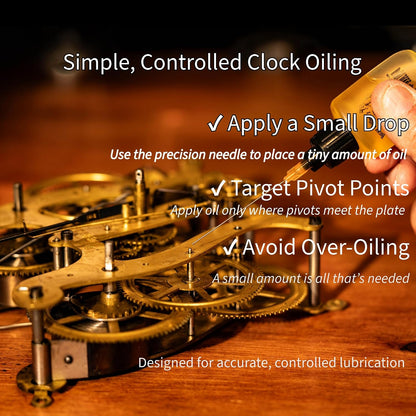 Clock Oil for Mechanical Clocks – Premium Synthetic Formula with Dual Precision Needle Applicator – Horace Whitlock – Won’t Gum or Run – 15ml Bottle