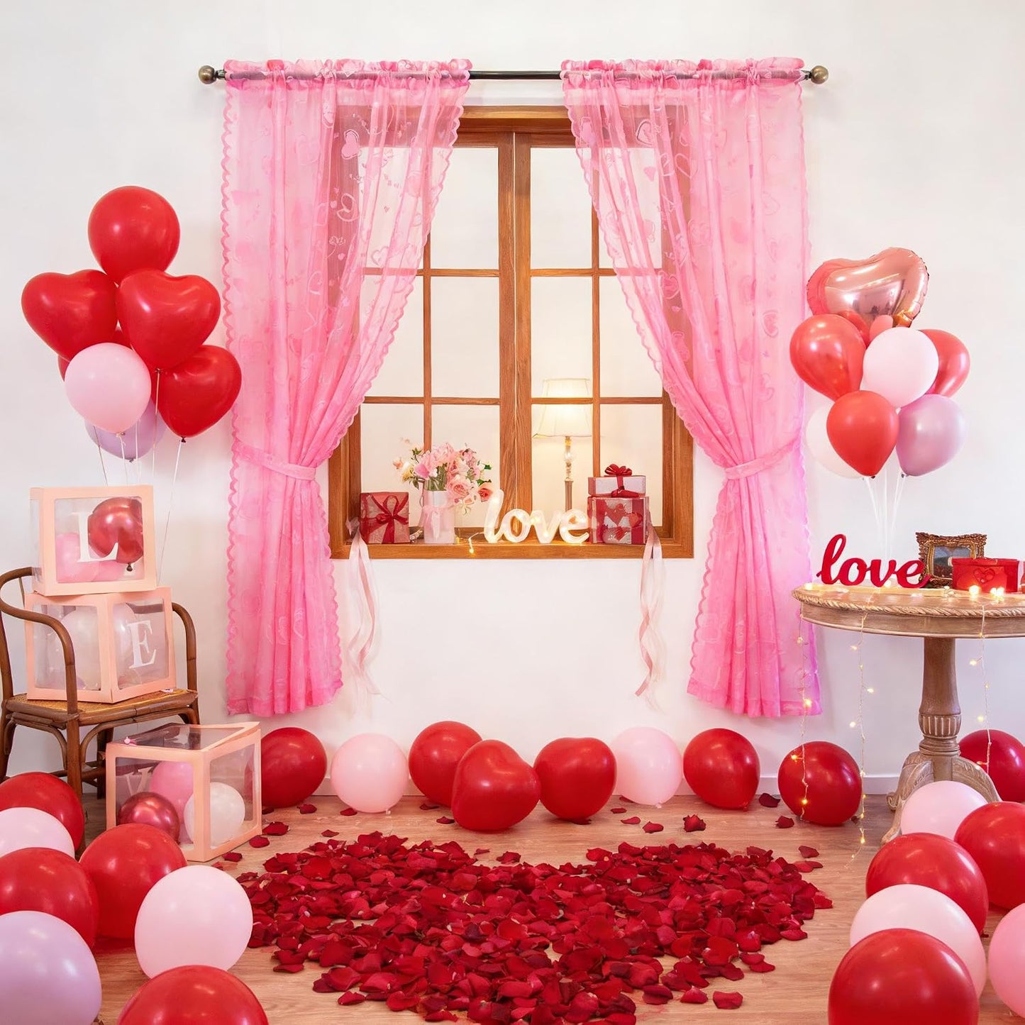 Valentine's Day Lace Curtains 63 Inch Length for Living Room Pink | Holiday Decoration Love Heart Embroidery Weave Sheer Curtains, Rod Pocket Country Rustic Drapes 54 x 63 Inch 2 Panels