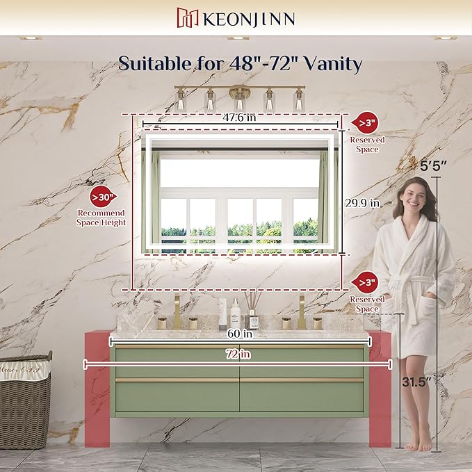 Keonjinn 48" x 30" Lighted Bathroom Mirror, Frontlit & Backlit Frameless LED - Image 2