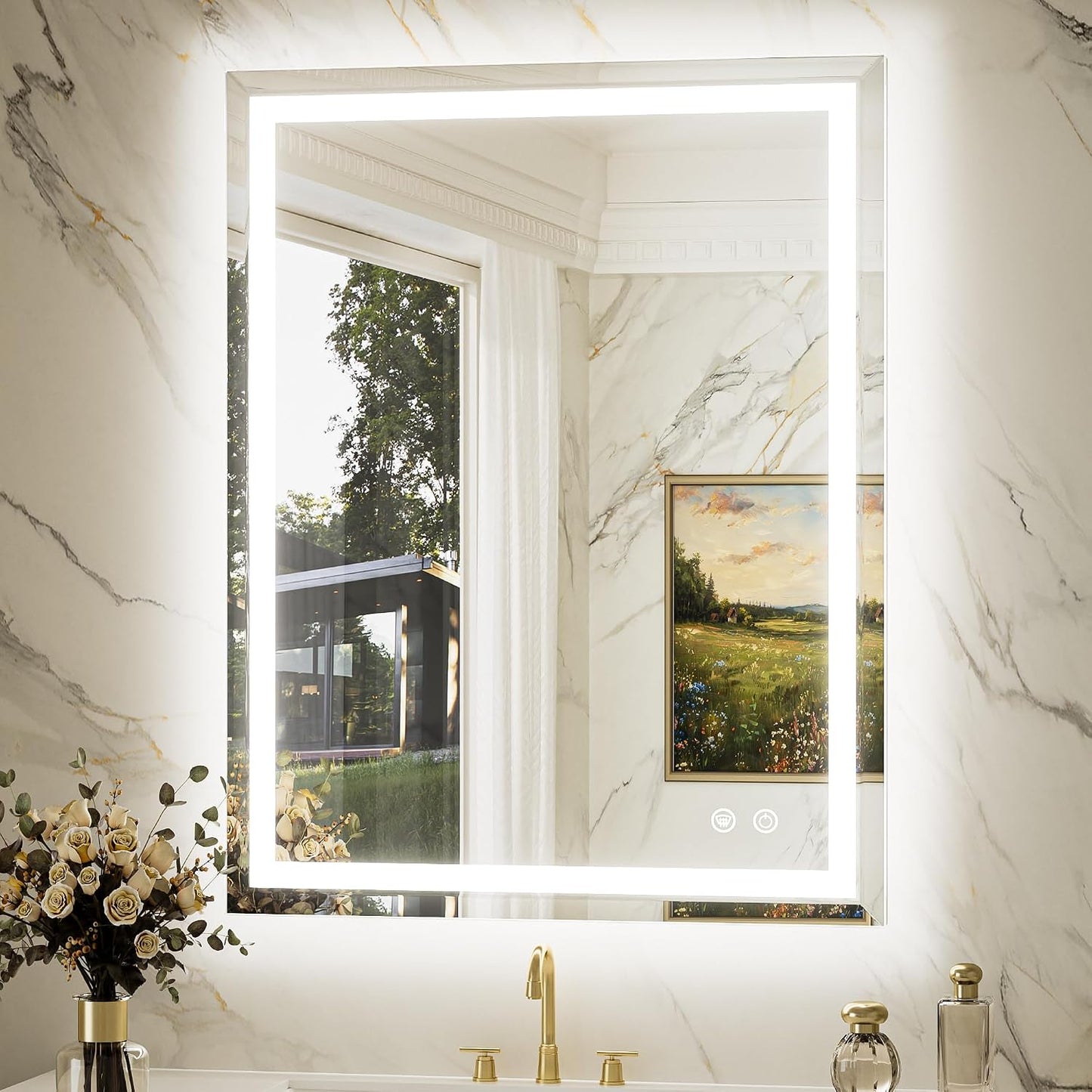 Keonjinn Beveled Bathroom Mirror with Lights 28" x 36", Frontlit & Backlit | HD Tempered Glass, Lighted Mirrors for Bathroom Wall, 3 Color Lights, Fast Defogging, Stepless Dimmable, Wall Switch/Plug in