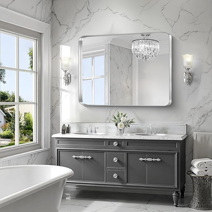 CIRCUMI Silver Bathroom Mirror, Rounded Corner, Tempered Glass, Large Mirror - Image 2