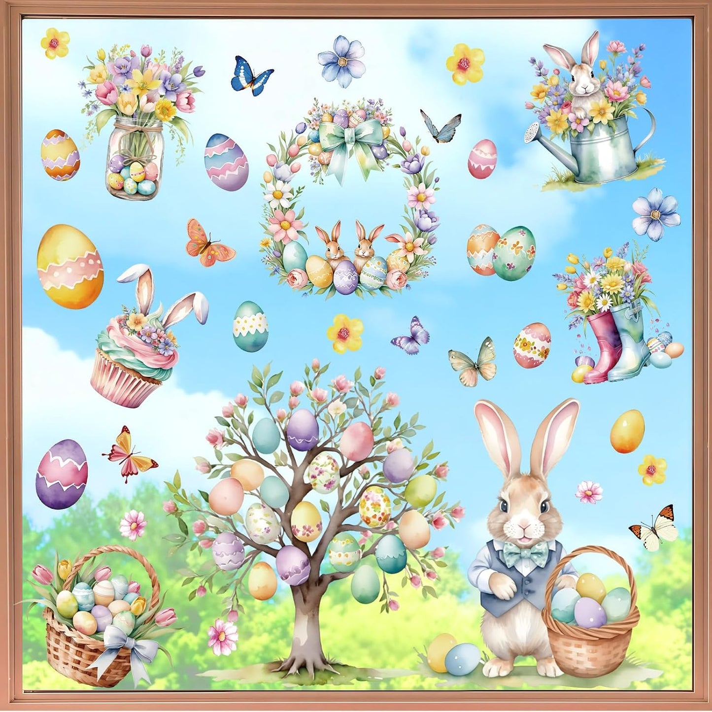 9 Sheets Easter Window Clings Decor, Bunny & Egg Window Stickers, Spring Decorations for Home, Office, Classroom, Holiday Decals for Glass Windows & Doors