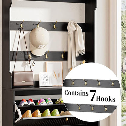 Shoe Cabinet for Entryway with 2 Flip Drawers & Coat Rack, Narrow Hidden Shoe - Image 8