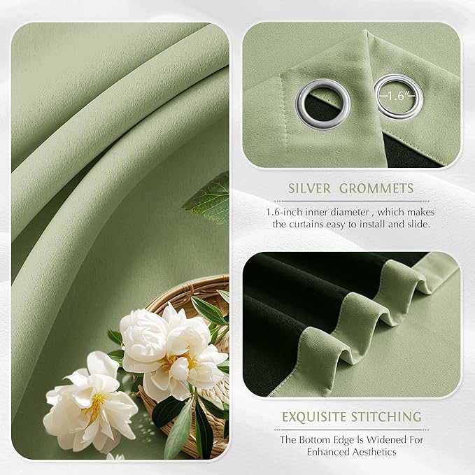 Beauoop Sage Green 100% Blackout Curtains 63 Inch Long 2 Panels - Image 3