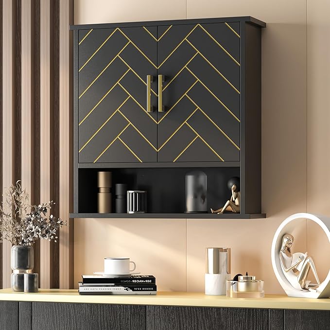 Black Chevron Pattern Bathroom Wall Cabinet, Modern Hanging Medicine Cabinet - Image 6