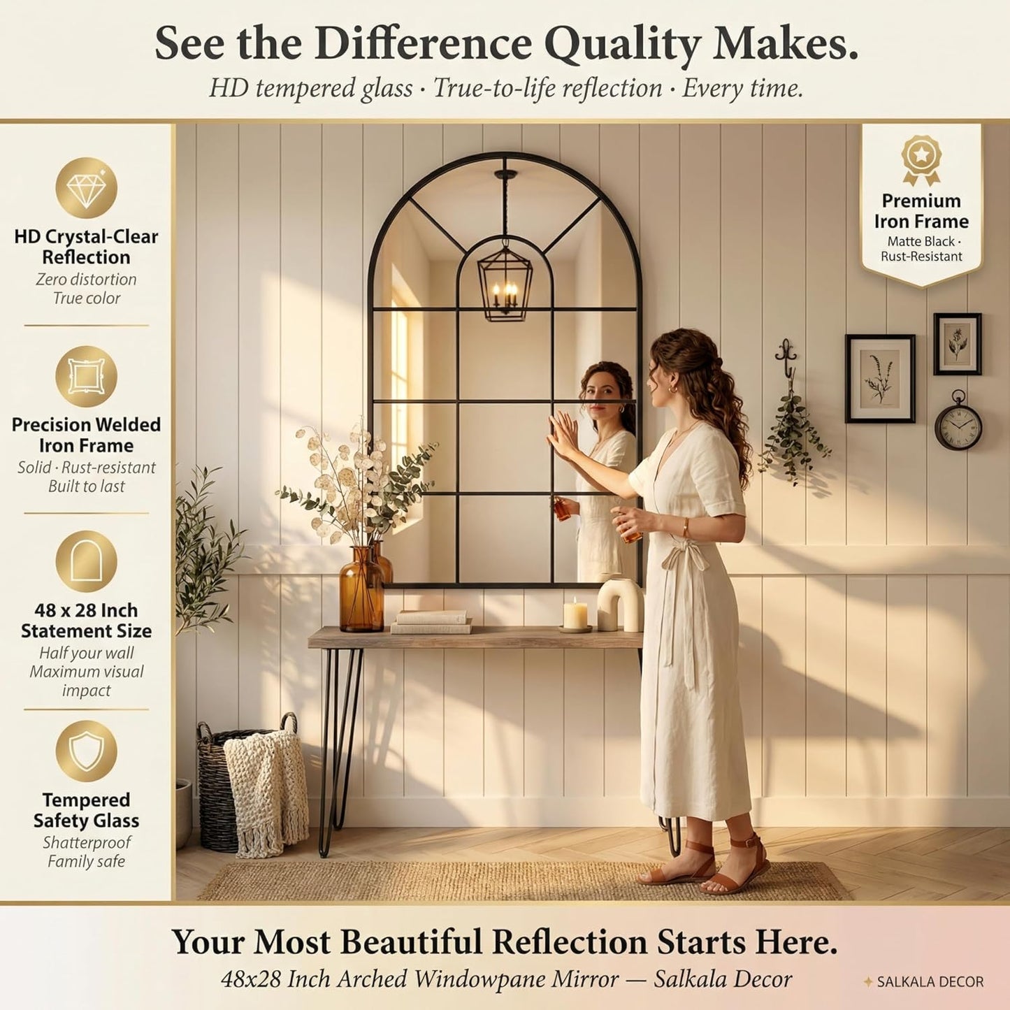 48x28Inch Arched Window Pane Mirror| Black Arched Mirrors for Wall & Floor | Arch Mirror Full Length for Entryway Living Room & Bedroom | Oversized Mirrors | Wall Art Decorative |Farmhouse Décor