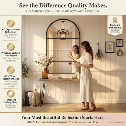 48x28Inch Arched Window Pane Mirror| Black Arched Mirrors for Wall & Floor | Arch Mirror Full Length for Entryway Living Room & Bedroom | Oversized Mirrors | Wall Art Decorative |Farmhouse Décor