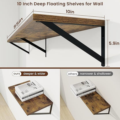Axeman Deep Floating Shelves | 55 Inch Brown Wall Shelves Set of 2 | 10 Inch - Image 3