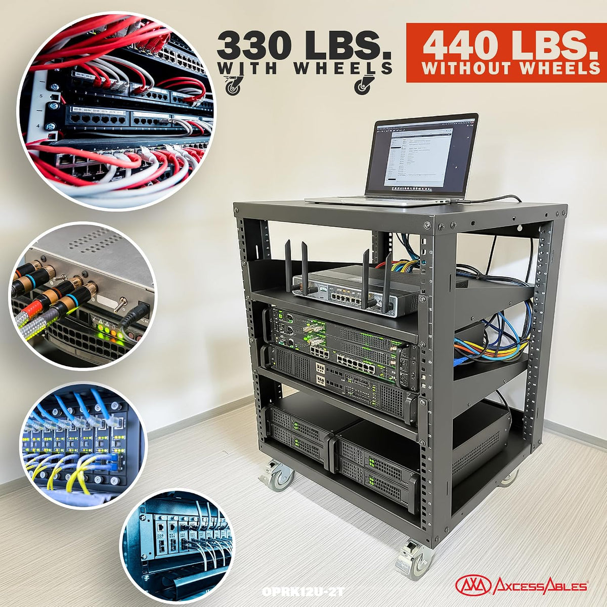 AxcessAbles 12U Open Frame Network Rack with Locking Caster Wheels - 440lb Ca...