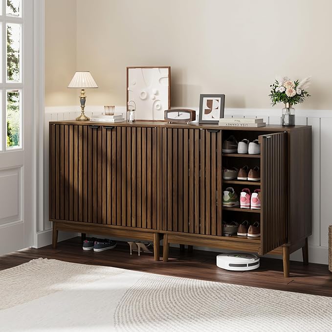 Shoe Storage Cabinet with Ventilated Slatted Doors, Wooden Shoe Organizer - Image 4