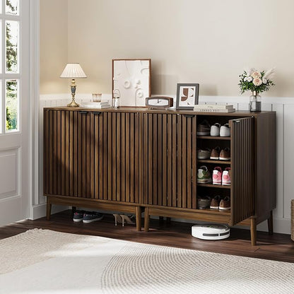 Shoe Storage Cabinet with Ventilated Slatted Doors, Wooden Shoe Organizer - Image 4
