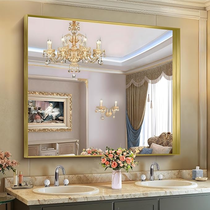 CIRCUMI Gold Bathroom Mirror, Brushed Finish, Tempered Glass, Large Mirror - Image 5
