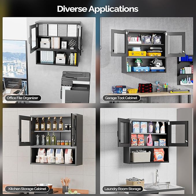 VINGLI Metal Wall Cabinet with Locking Glass Doors & Magnetic LED Sensor Light - Image 8