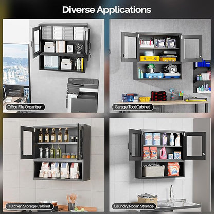 VINGLI Metal Wall Cabinet with Locking Glass Doors & Magnetic LED Sensor Light - Image 8