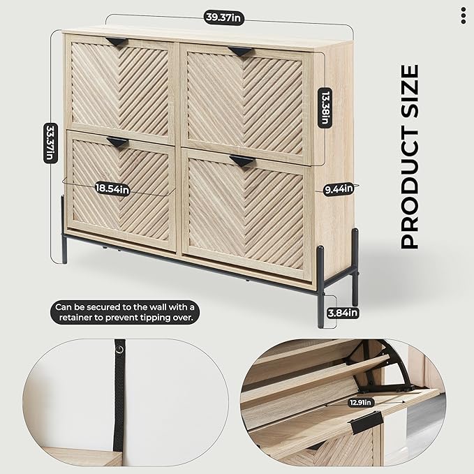 Shoe Cabinet Storage with 4 Flip Drawers, Narrow Hidden Shoes Organizer Cabinet - Image 2