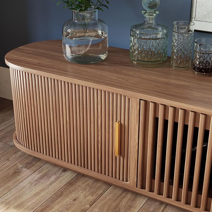 POVISON Fully-Assembled Mid-Century Modern Tambour Door TV Stand, Wood TV - Image 4
