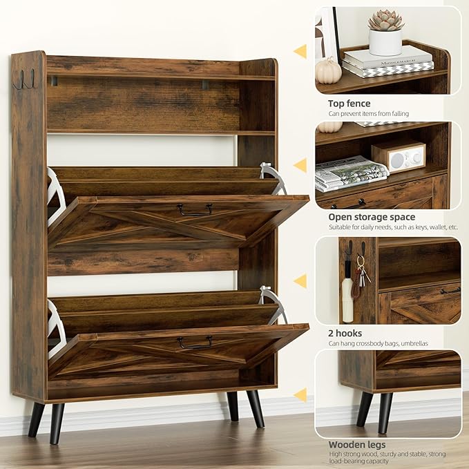 EOYUTLLY Shoe Cabinet with Bench, Entryway Shoe Organizer with 2 Flip Drawers & - Image 4