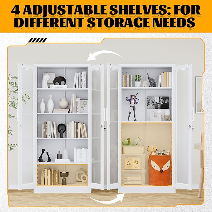 Metal Storage Cabinet with Lock and Glass Doors, Locking Curio Cabinets with 5 - Image 6