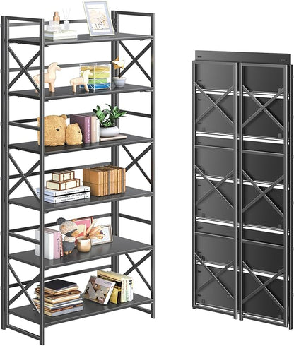 4NM 6 Tiers No Assembly Book Shelves, 61.8" H Folding Bookshelf Bookcase Open by 4NM