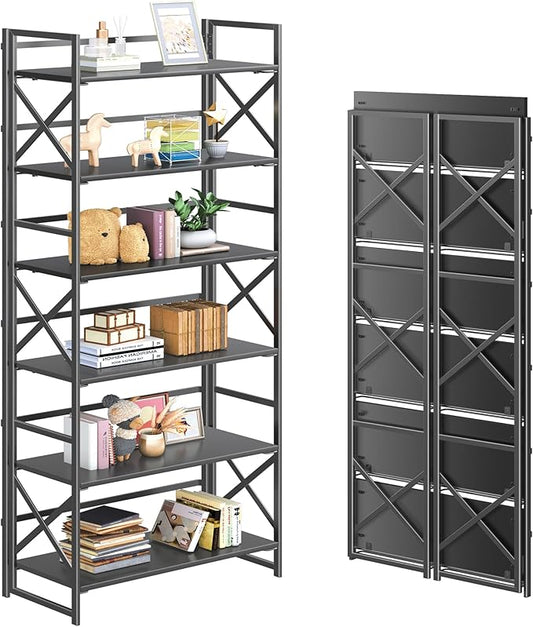 4NM 6 Tiers No Assembly Book Shelves, 61.8" H Folding Bookshelf Bookcase Open by 4NM