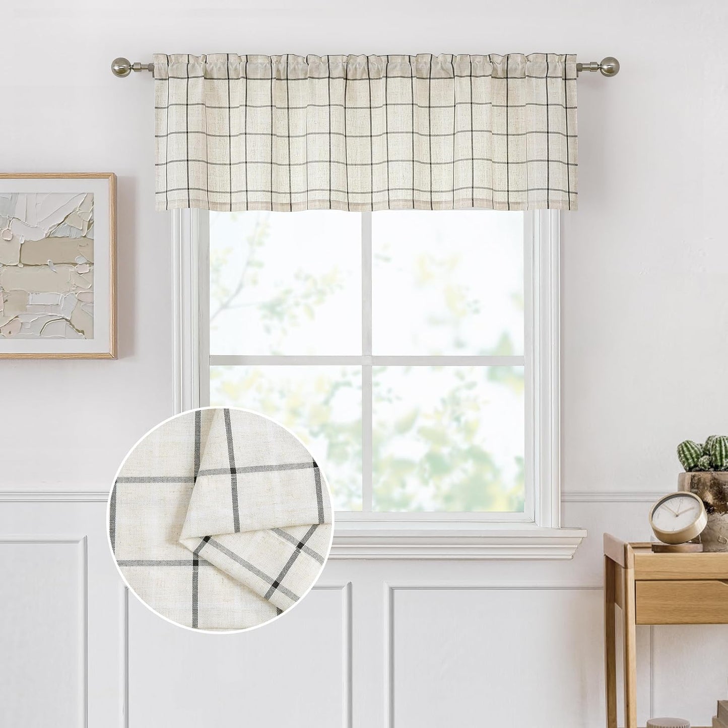 Buffalo Plaid Café Curtain Valances for Kitchen 55"x15"x1 | Woven Black Stripes on Beige Linen Textured Farmhouse Checkered Window Treatment for Bathroom Kitchen,Rod Pocket