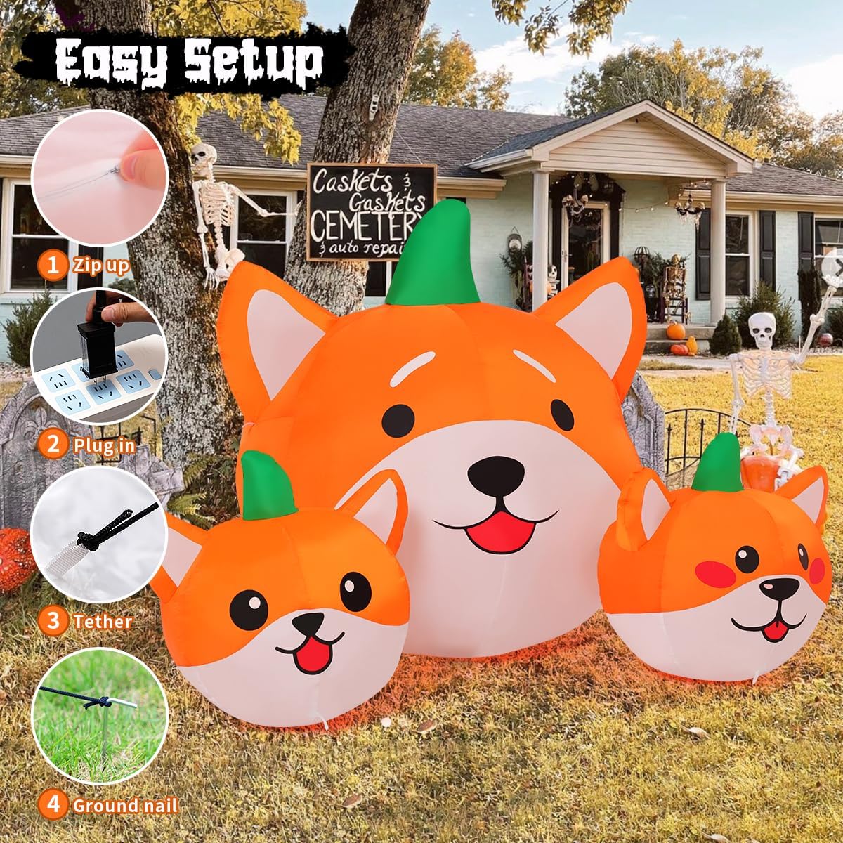 GOOSH 5 FT Long Halloween Inflatables Pumpkin Dog Outdoor Decorations Blow Up...