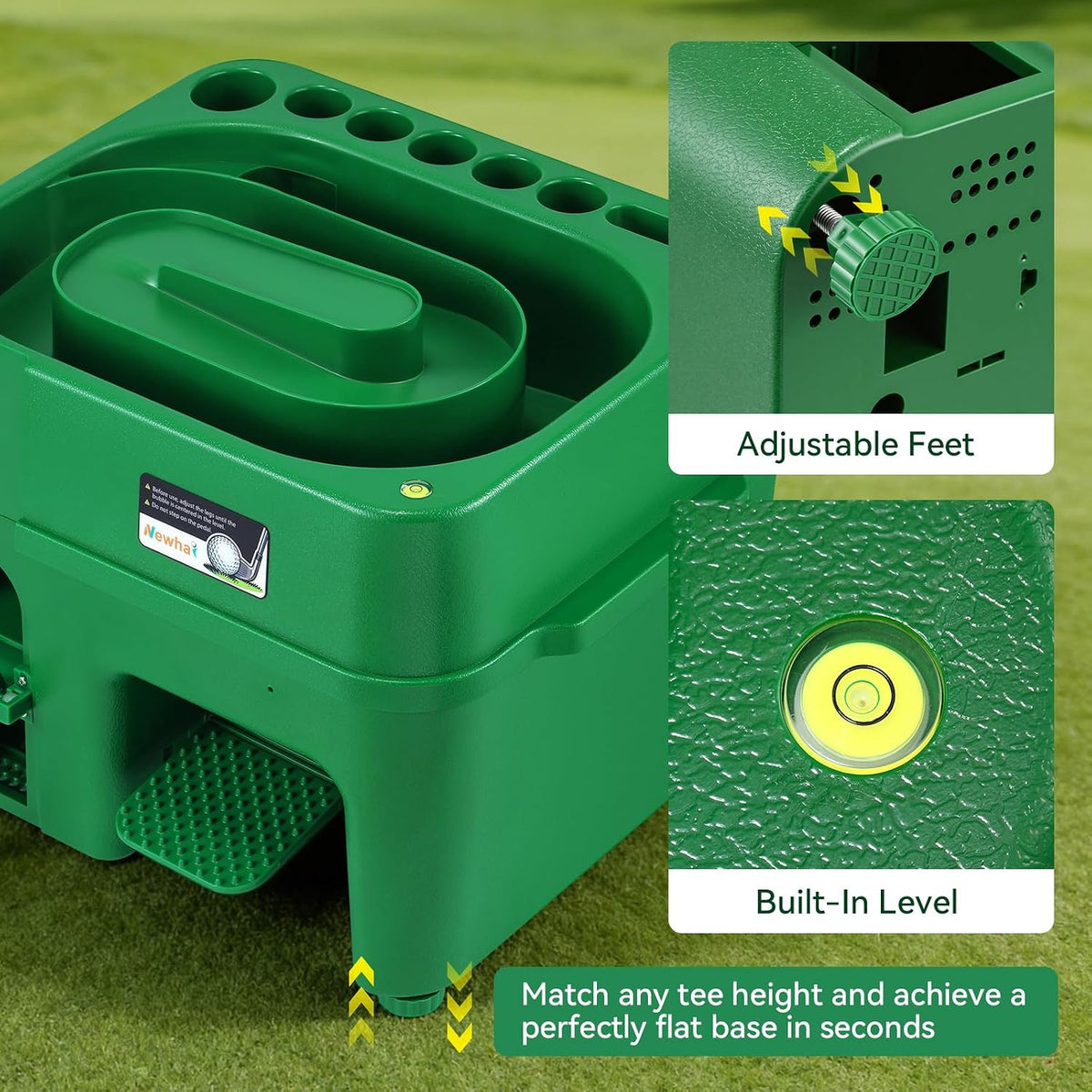 newhai upgraded golf dispenser, 50-ball capacity, 2 ramps showing dimensions