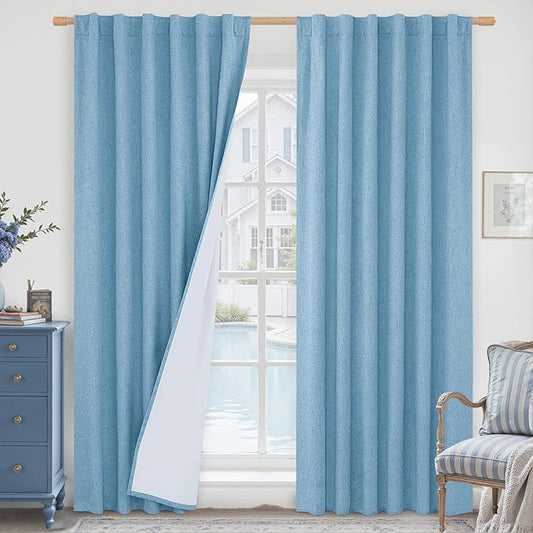 LAMIT Blue 100% Blackout Linen Curtains, 84 Inch Linen Textured Living Room by LAMIT