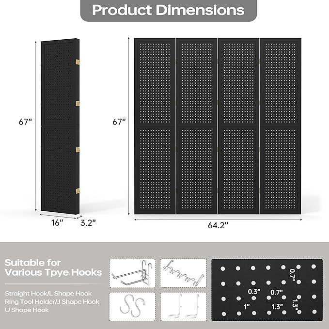 DURASPACE 4 Panel Room Divider 5.6 FT Pegboard Display Folding Wood Privacy - Image 7