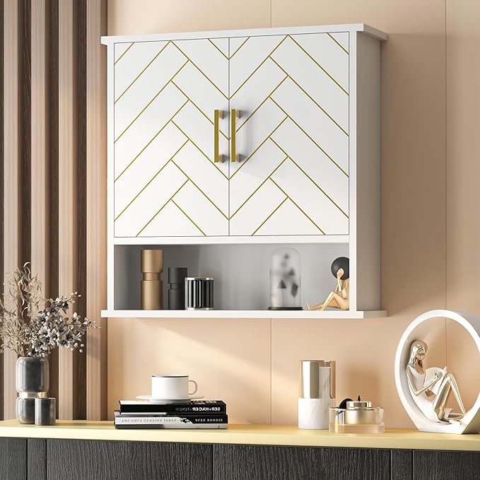 White Chevron Pattern Bathroom Wall Mount Cabinet, Stylish Hanging Medicine - Image 6