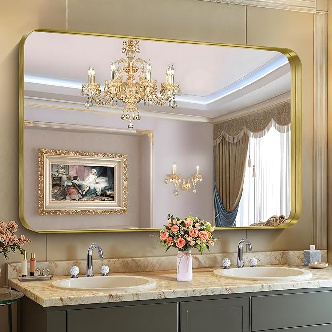 CIRCUMI Gold Bathroom Mirror, Rounded Corner, Tempered Glass, Large Mirror - Image 5