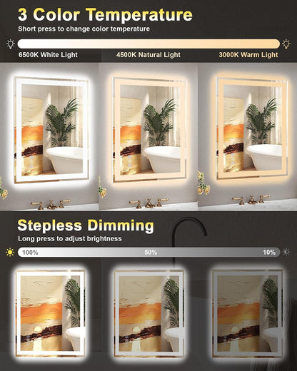 24x30 LED Bathroom Mirror, 6000LM, Separate Front and Back Lights | UL Certified,Shatter-Resistant Tempered Glass,Auto-Off Defogger,3 Color Modes,Smooth Dimming,Smart Memory Setting