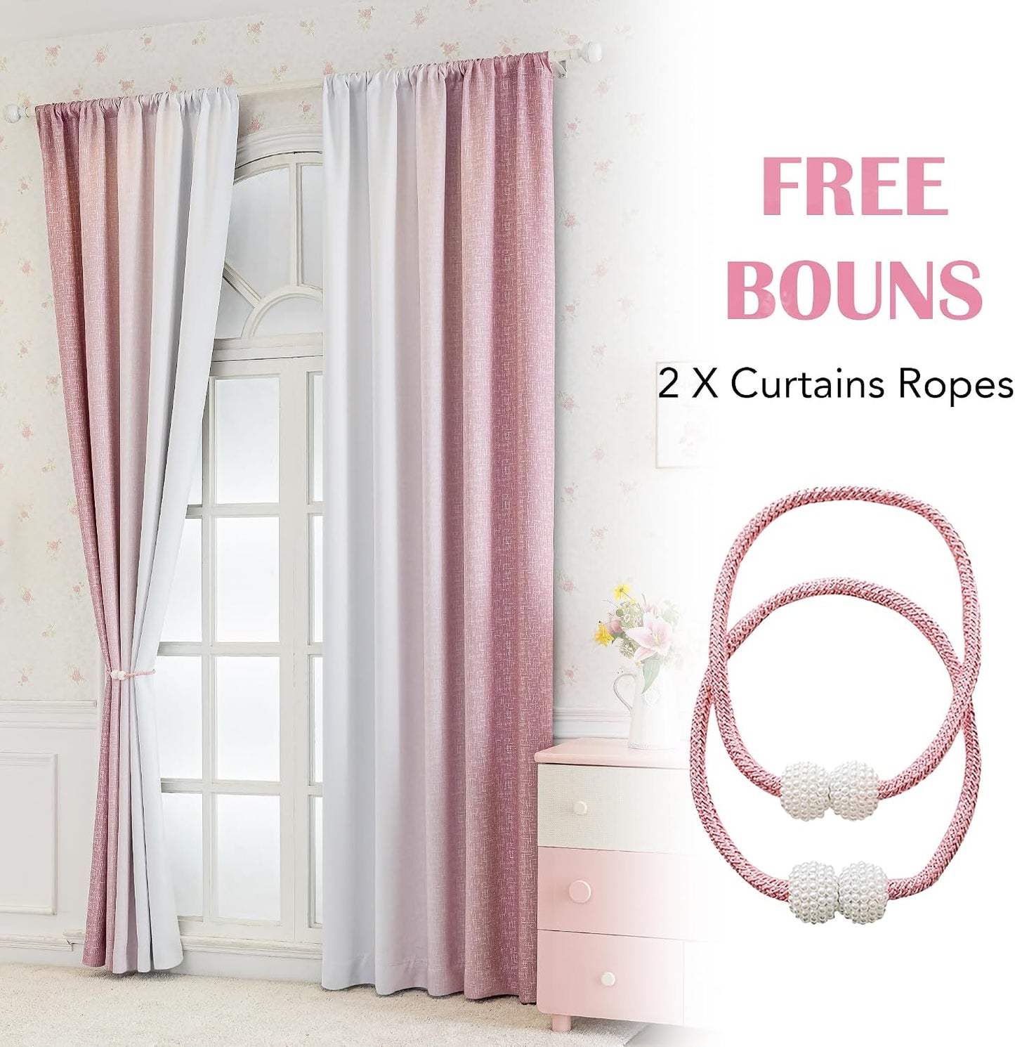 Pink White Ombre 100% Blackout Curtains Bedroom 52x63 2 Panels | Gradient Patterned Room Darkening Drapes for Girls Nursery Living Room 63 Inch Long Thermal Insulated Soundproof Rod Pocket
