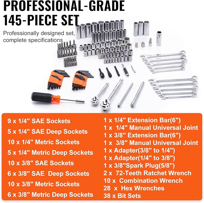 VEVOR Mechanics Tool Set and Socket Set, 1/4" and 3/8" Drive Deep and Standard - Image 3