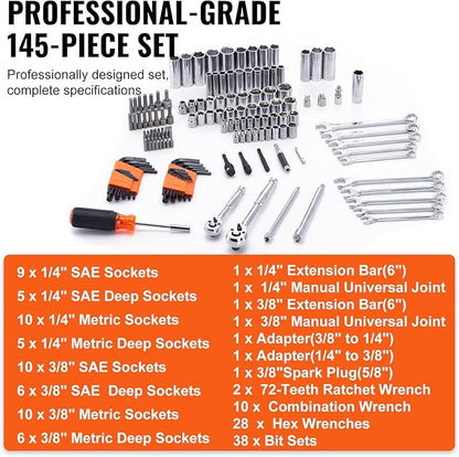 VEVOR Mechanics Tool Set and Socket Set, 1/4" and 3/8" Drive Deep and Standard - Image 3