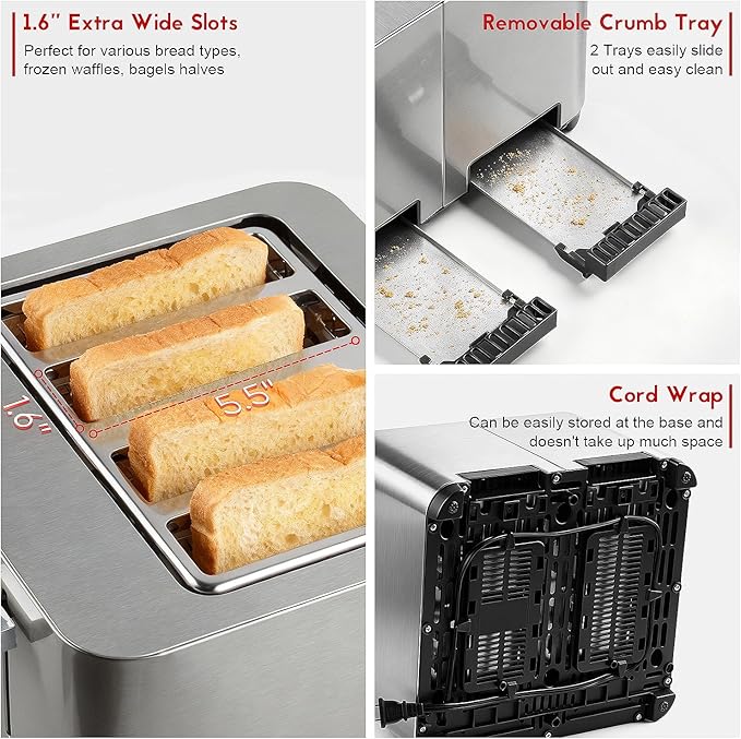 Toaster 4 Slice, Techwood Stainless Steel 4-Slice Toaster Wide Solt - Image 6