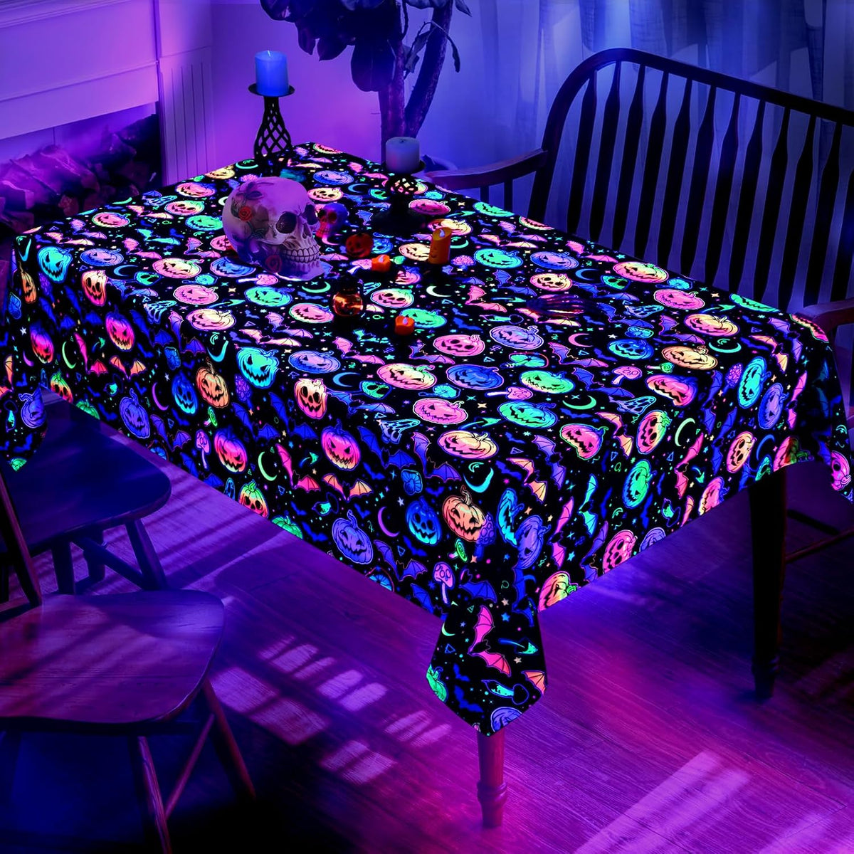ASPMIZ Halloween Tablecloth Rectangle Table, Waterproof Blacklight Spooky Pum...