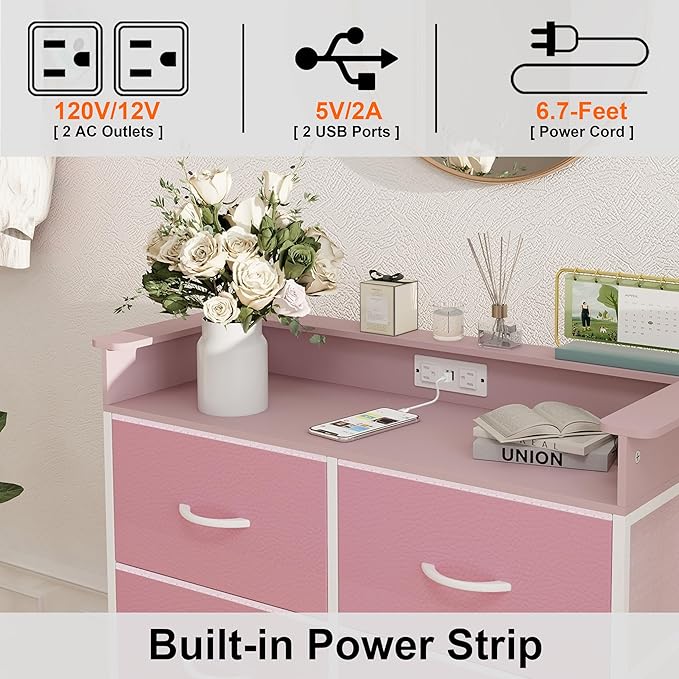 Pink Dresser for Bedroom with Charing Station Dressers with LED Lights Tall - Image 5