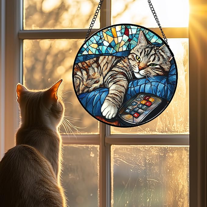 DASTOLL Stained Glass Window Hanging Gray Cat and Remote Control Large 11.8" - Image 2