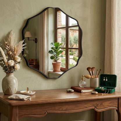 Irregular Hexagon Wall Mirror with Wavy Edge, Modern Decorative Mirror for Bathroom, Bedroom, Living Room, Frameless Vanity Mirror