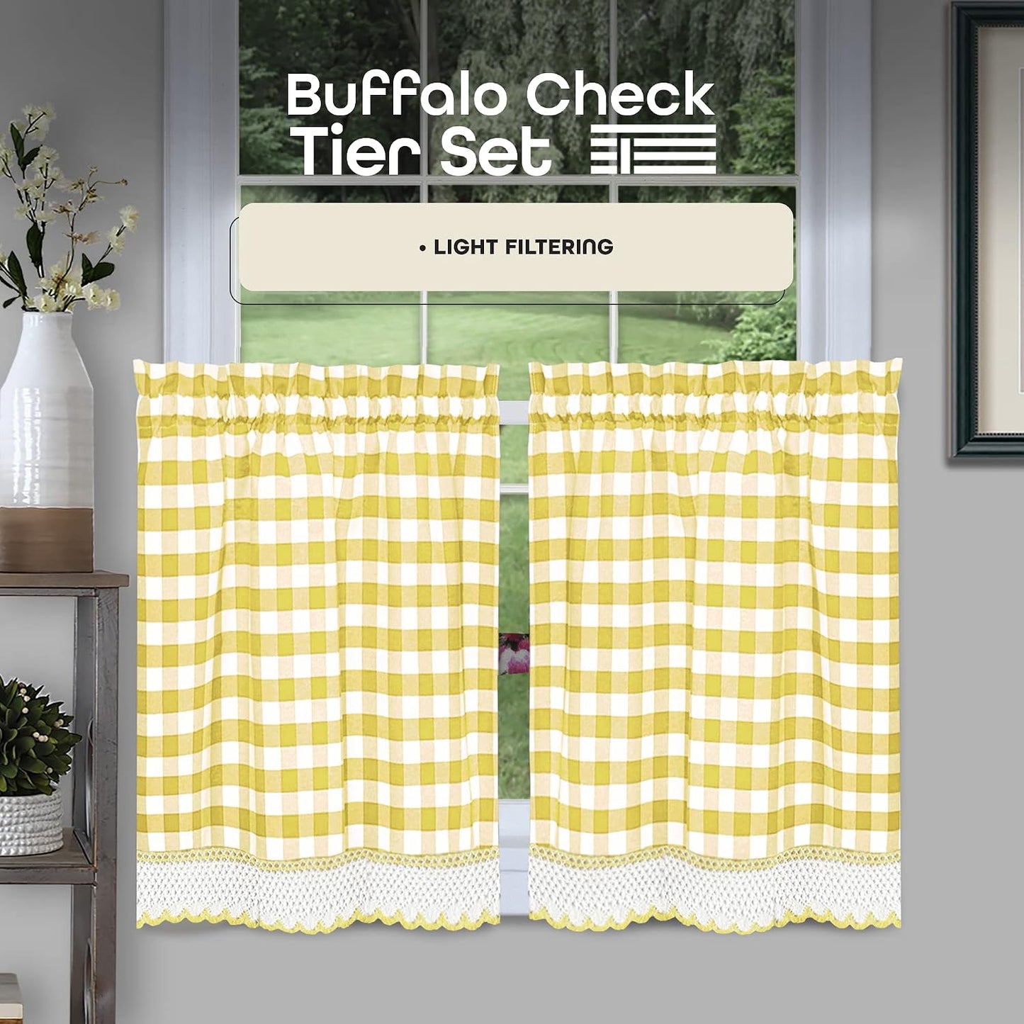 ACHIM Buffalo Check Tier Pair Curtain Set, 58 x 24 in, Light Filtering | Light-Filtering Fabric, Tier Panel, and Printed Pattern: Fabric Panels Add Light Control, Decorative Pattern, and Finished