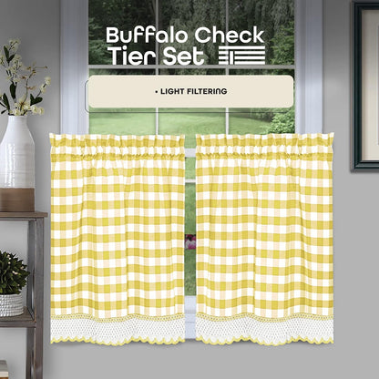 ACHIM Buffalo Check Tier Pair Curtain Set, 58 x 24 in, Light Filtering | Light-Filtering Fabric, Tier Panel, and Printed Pattern: Fabric Panels Add Light Control, Decorative Pattern, and Finished