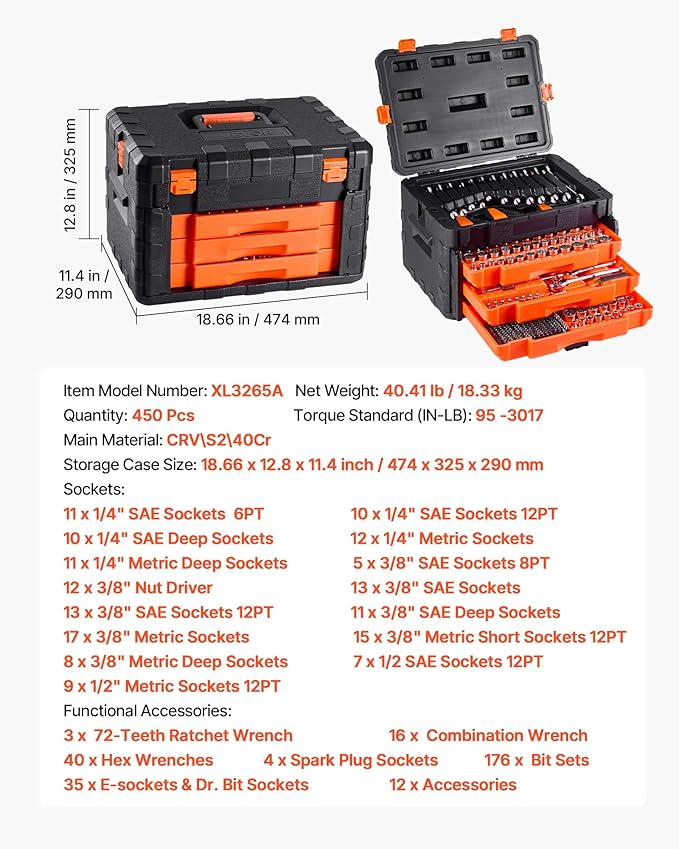 VEVOR Mechanics Tool Set and Socket Set, 3/8 and 1/2 inch Drive Deep and - Image 8