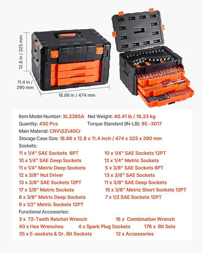 VEVOR Mechanics Tool Set and Socket Set, 3/8 and 1/2 inch Drive Deep and - Image 8