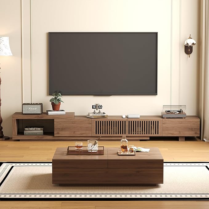 NessCarsti Mid-Century Modern TV Stand & Expandable Coffee Table Set, Walnut - Image 5