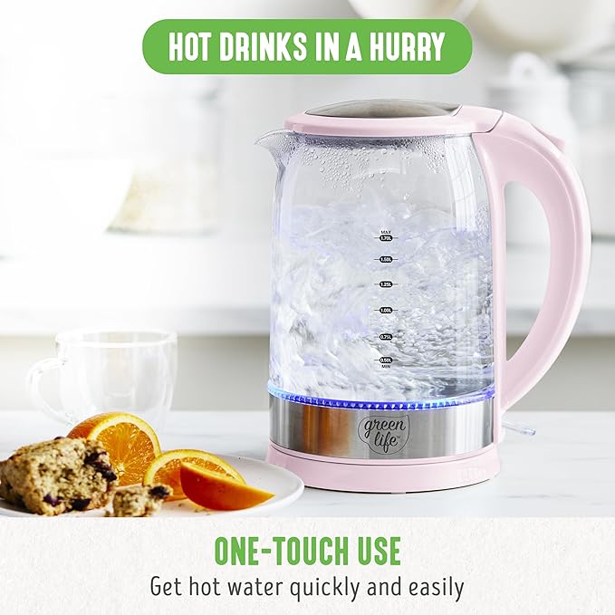 GreenLife 1.7 Liter Glass Electric Kettle, Easy One Touch Use, Quick Heating - Image 2