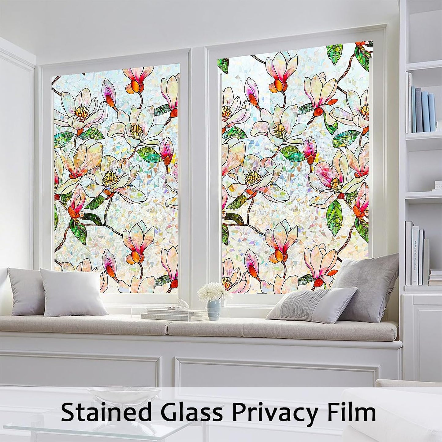 Window Privacy Film, Stained Glass Rainbow Stickers 17.5"x78.7" | 3D Colorful Static Cling Window Film, UV Blocking Heat Control Non-Adhesive, Day Night Privacy for Front Door Bathroom Office